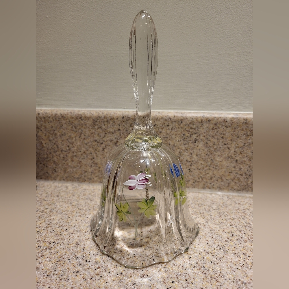 Vintage Fenton Art Glass Clear Floral Hand Painted Signed 7 Inch Decorative Bell